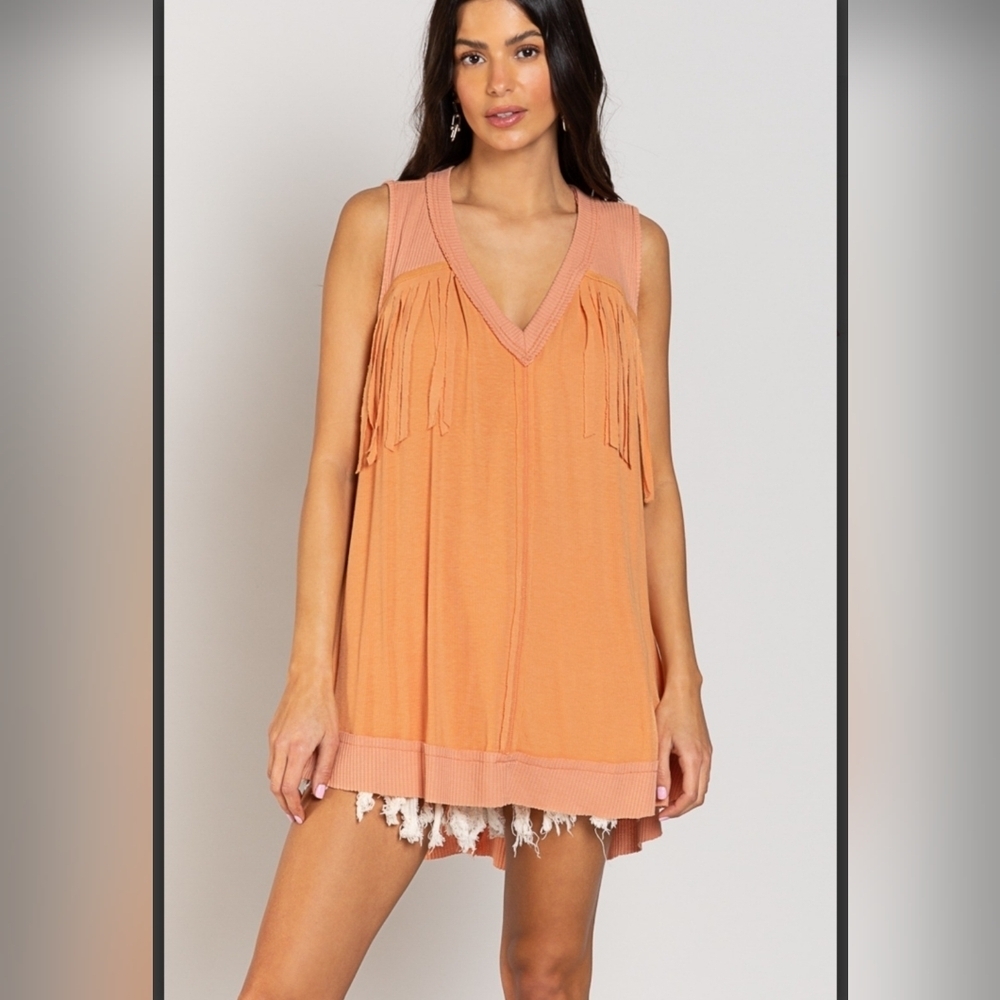 POL Women’s Tank Top, Coral with Fringe Detail. Multiple.Sizes